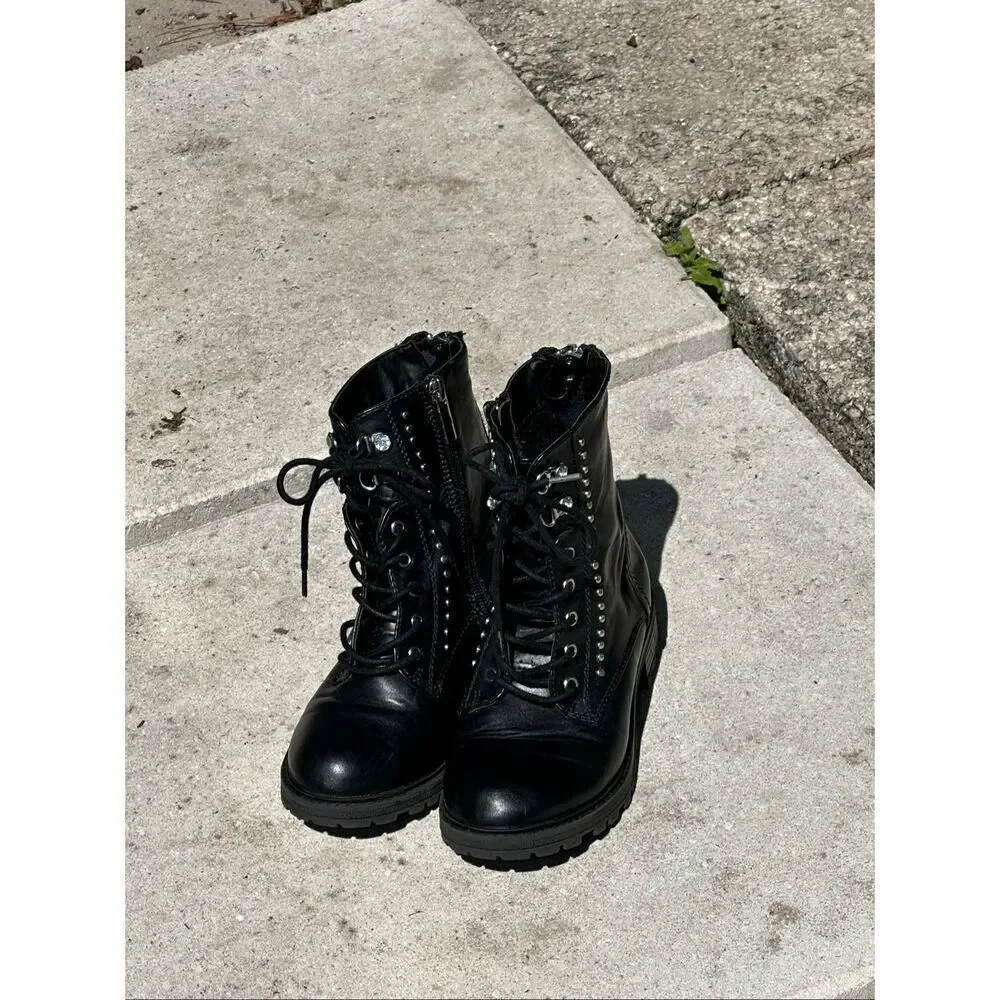 Girls Black Combat Boots Studded Goth Moto Ankle Boots Size 1 Kidpik
